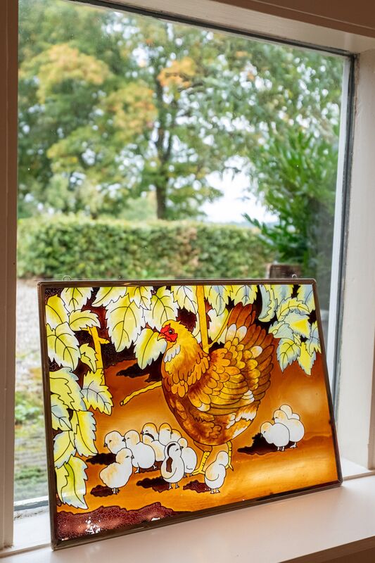 Beschilderd glas met kip en kuikens